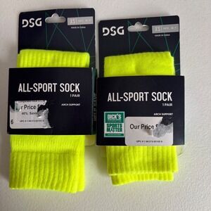 DSG All-Sport Socks Youth XS Neon Yellow Volt Arch Support‎ 2 Pairs NWT